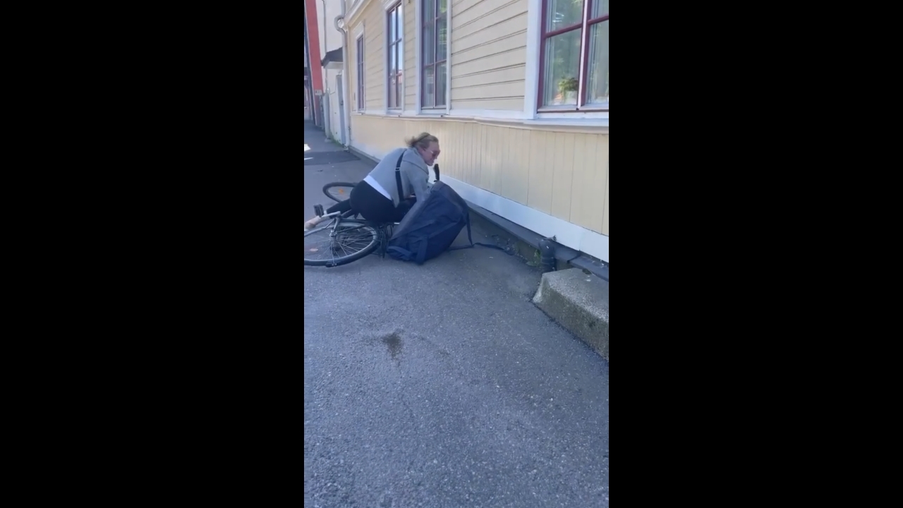Bicycle riders fall while chatting in Öregrund, Sweden