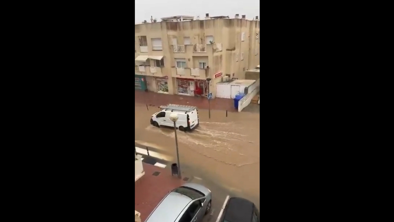 Heavy flooding submerges streets in Jesús, Ibiza, Spain