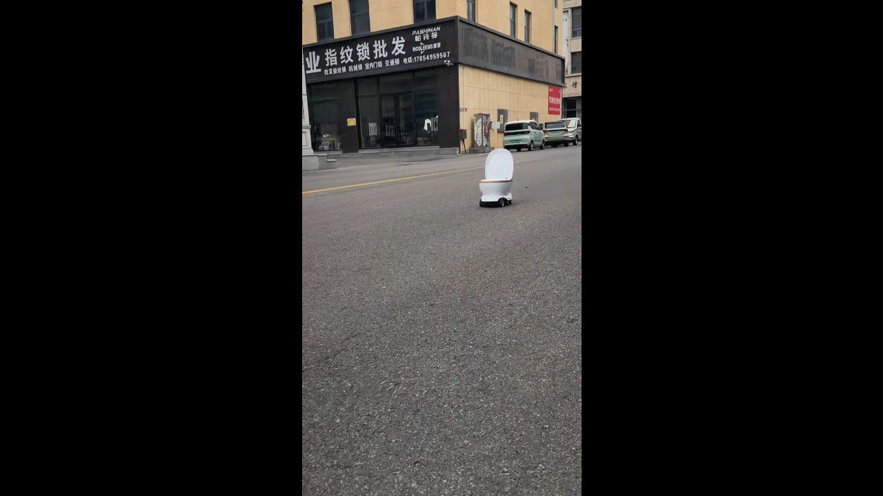 Toilet-shaped remote-controlled car draws attention on a quiet street in Shandong, China