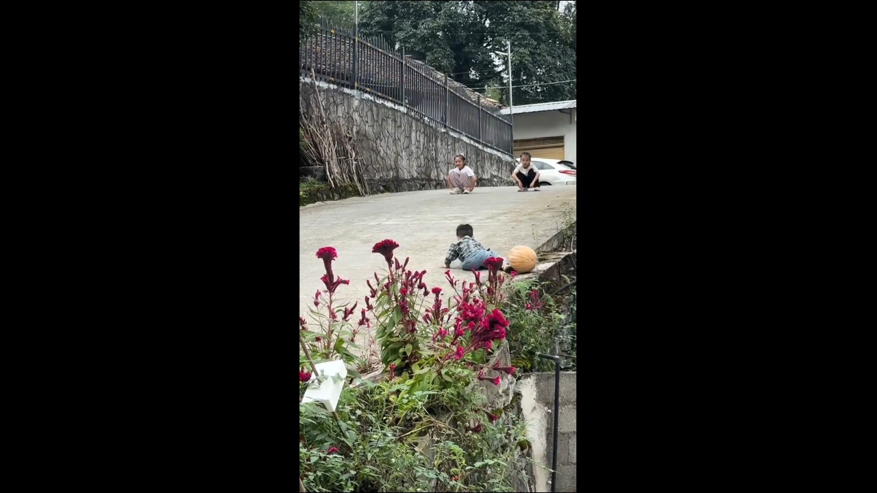 Toddler falls after being struck by a rolling pumpkin in Hubei, China