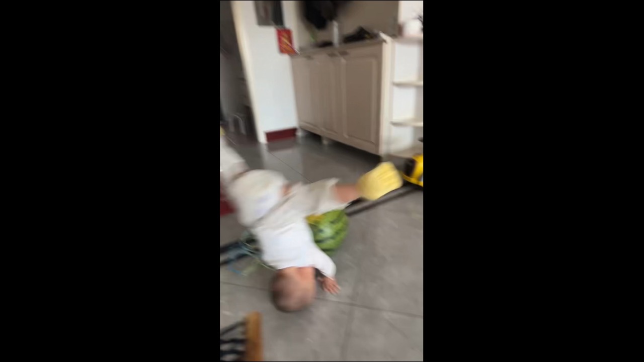 Toddler hilariously tumbles after trying to ride a watermelon in Shandong, China