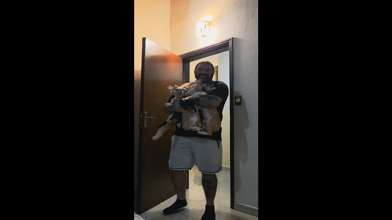 Man brings all eight cats to bed as part of their nightly routine in Asunción, Paraguay