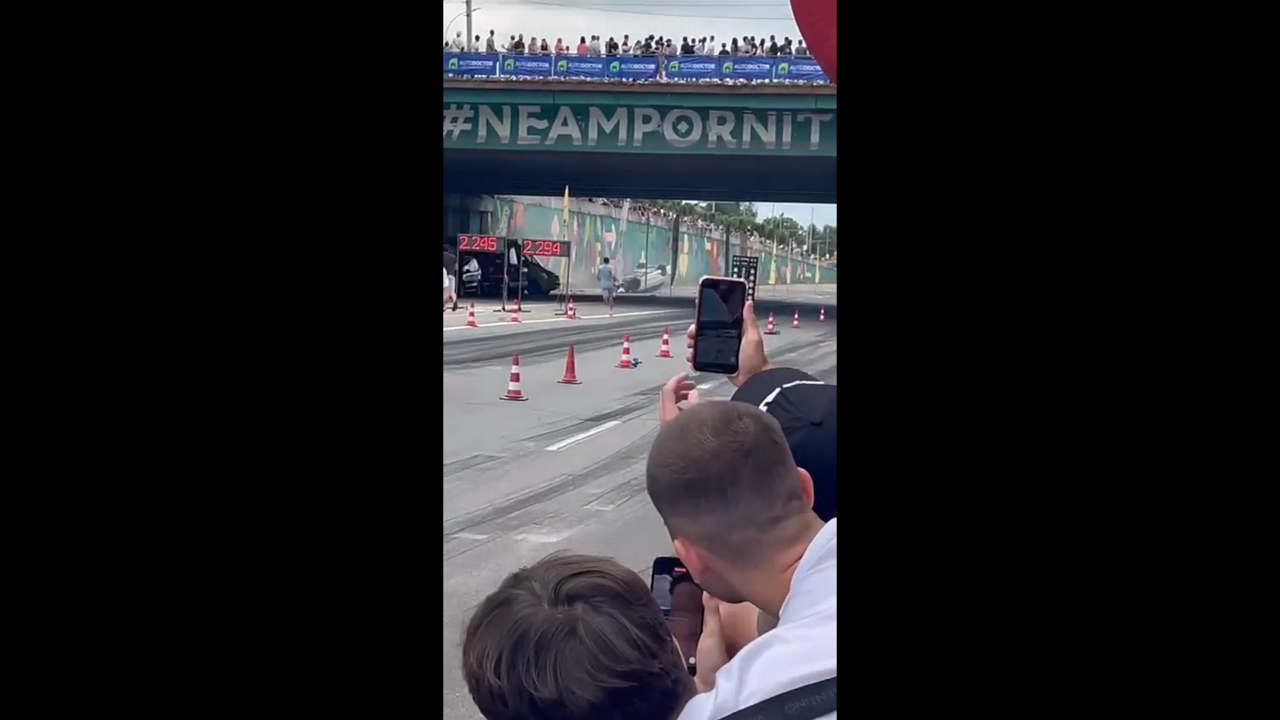 Drag racing car flips after crashing into wall in Chișinău, Moldova