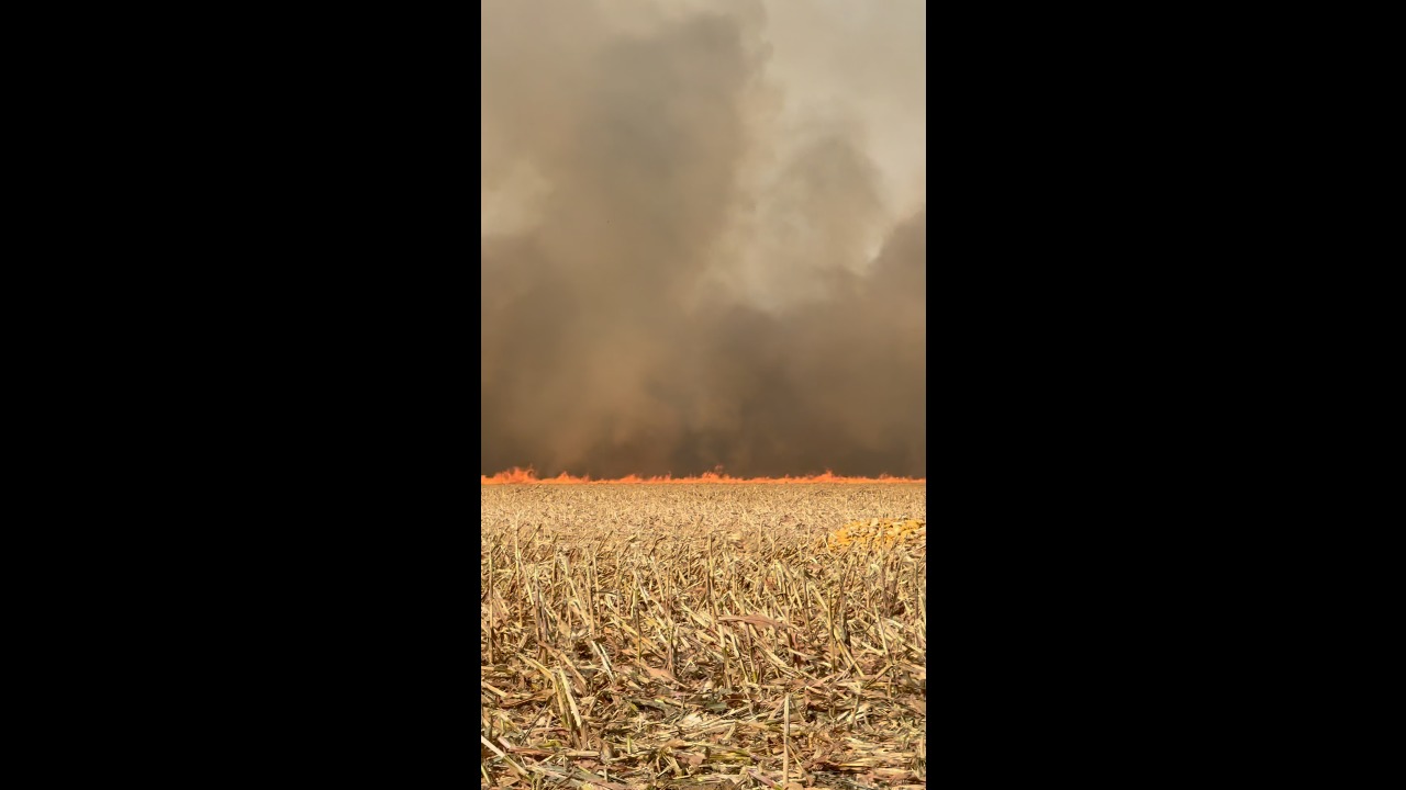 Flames and thick smoke spread across a harvested cornfield during straw burning in Jilin, China