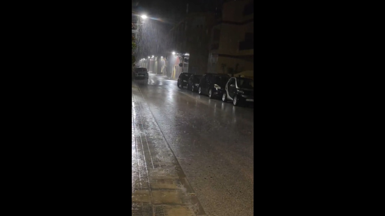Heavy overnight rainfall drenches streets during a severe storm in Benidoleig, Spain