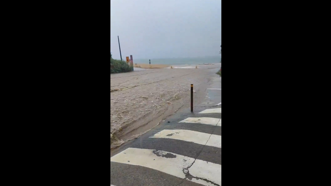 Street flooded in Sant Simó Beach, Mataró, Barcelona, Spain