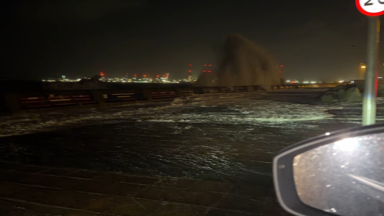 Massive waves crash over the sea wall during Storm Boelo in New Brighton, UK