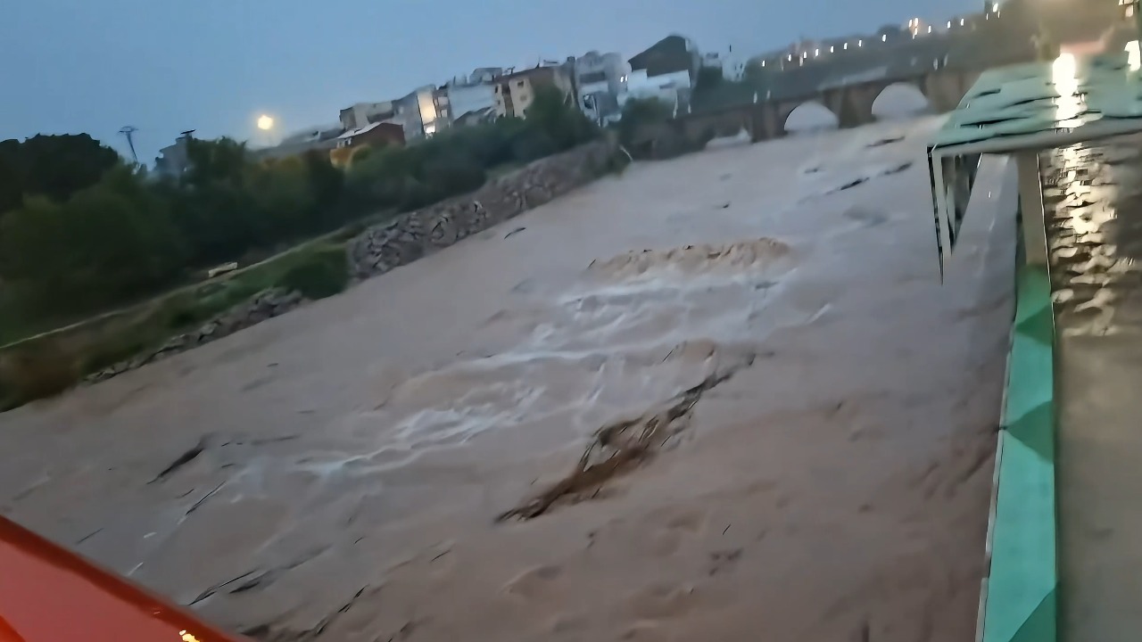 Serpis River overflows its banks following torrential rainfall in Gandia, Valencia, Spain