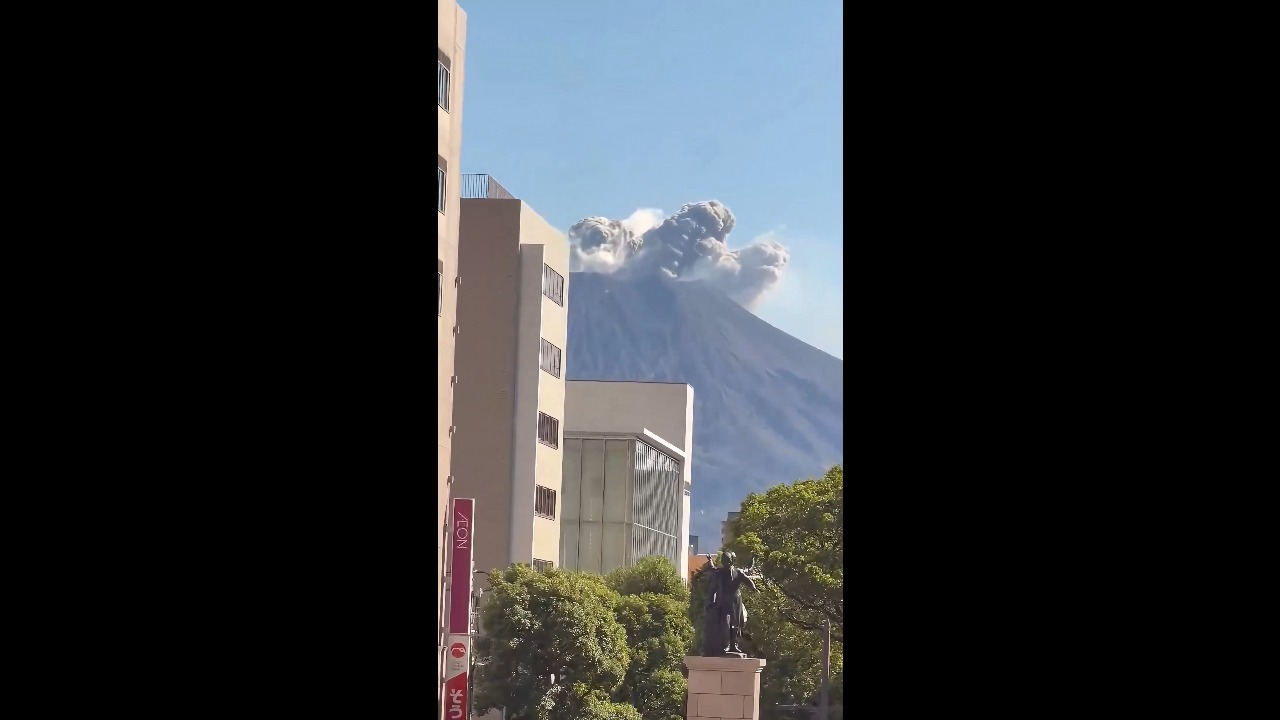 Sakurajima volcano sends a towering ash plume into the sky in Kagoshima, Japan