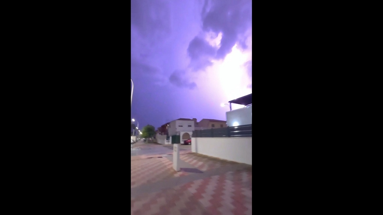 Rapid lightning storm illuminates the night sky in Los Alcázares, Spain