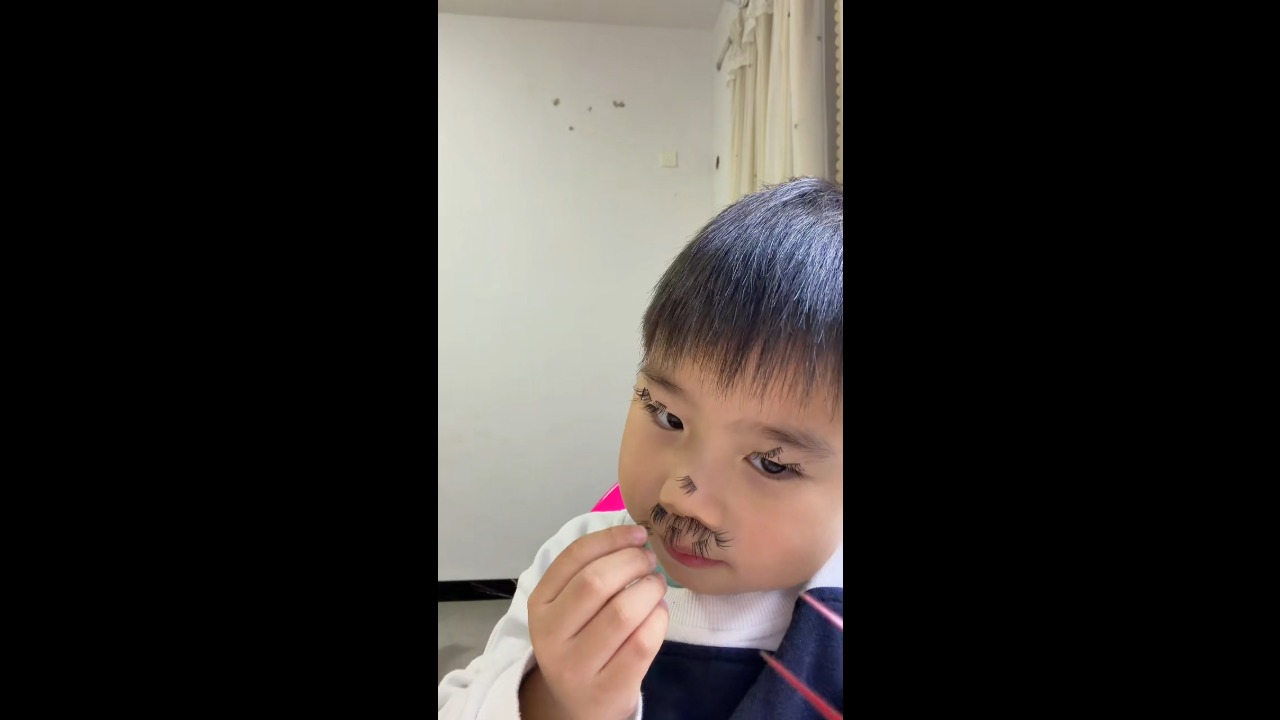 Boy uses fake eyelashes to create a beard to look like Grandpa in Hunan, China
