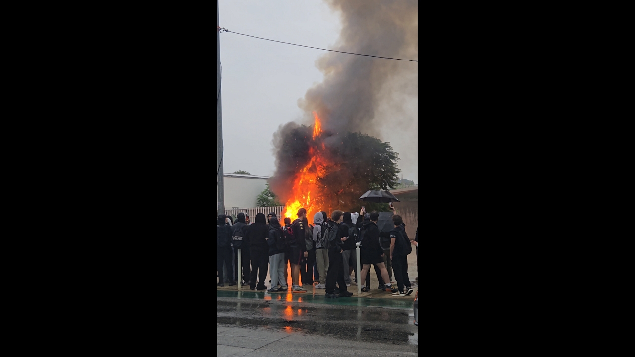 Students gather for protest outside Lycée Bonaparte in Toulon, France