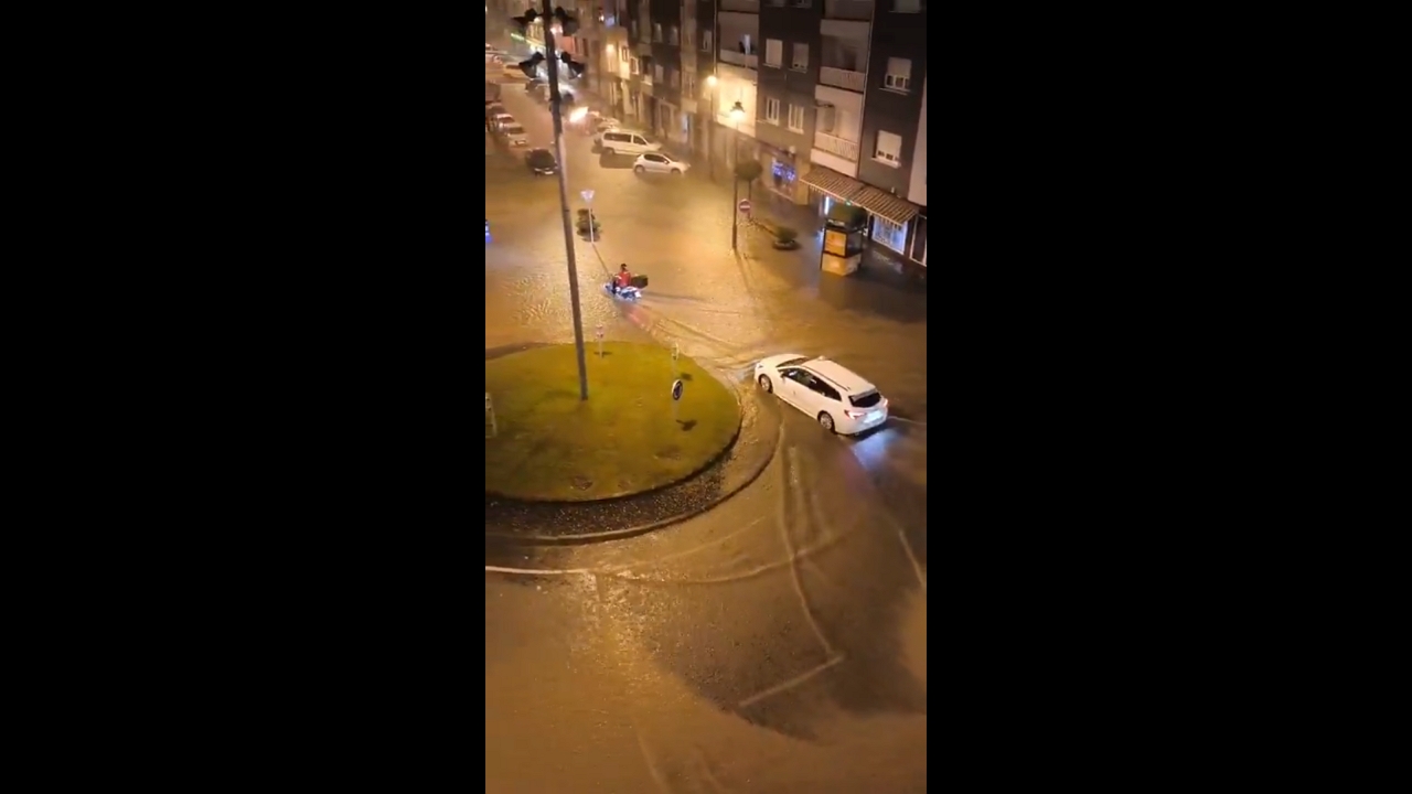 Heavy nighttime flooding in Avilés, Asturias, Spain