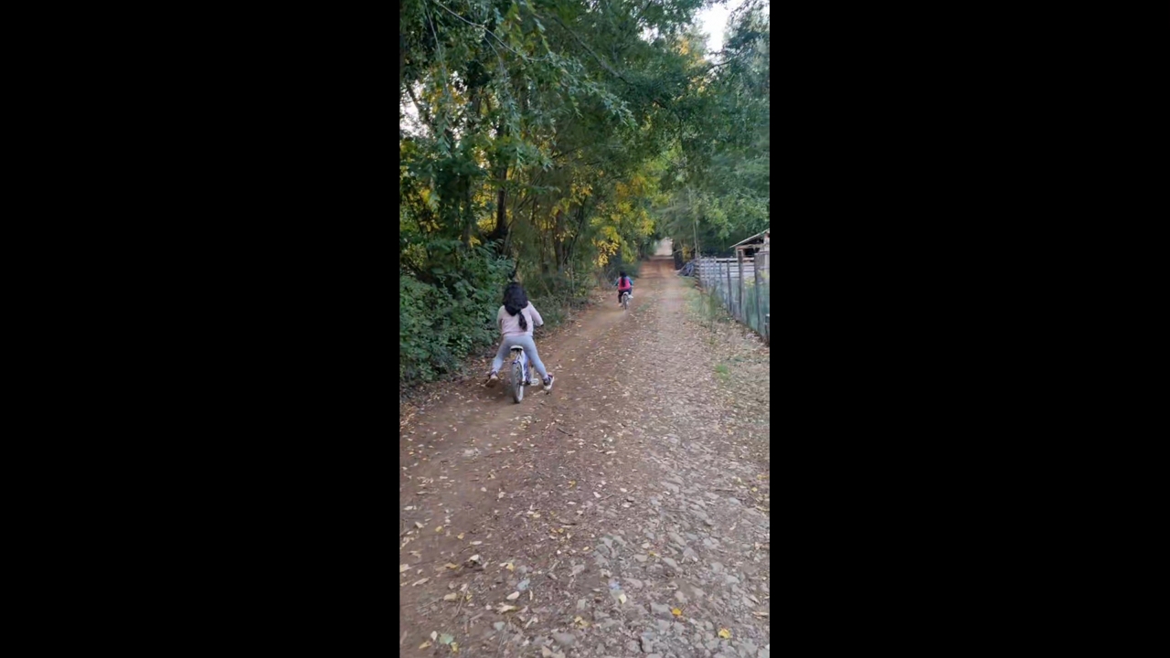 Twin sisters practice bike riding without training wheels in Chillán, Chile