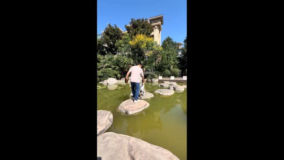 Boy slips into pond while crossing stepping stones in Henan, China