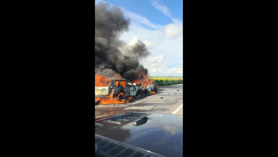 Two cars engulfed in flames after highway collision in Inner Mongolia, China