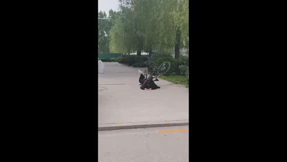 Woman falls forward in funny bicycle mishap in Shandong, China