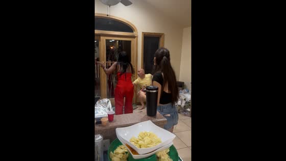 Man loses balance and spills drink after hug in New Jersey, USA