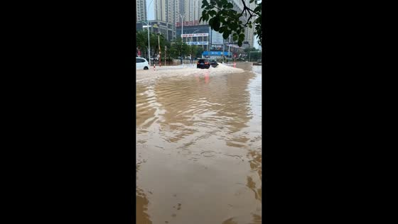 Vehicle stops while driving through deep floodwater in Fujian, China