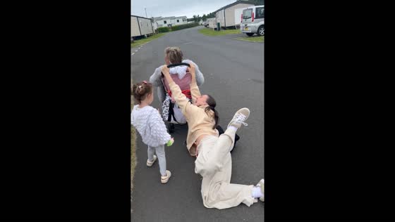 Holiday park slip leads to laughter: video shows unexpected pram mishap