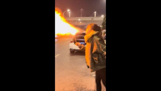 Spectacular flame burst during fire trick in Anhui, China