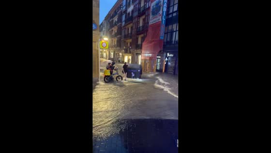 Torrential rain floods Bilbao Old Town during severe storm in Spain