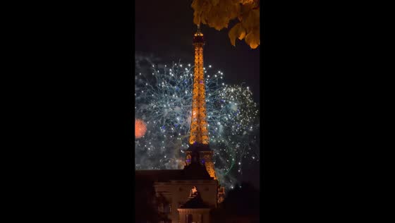 Bastille Day fireworks light up the Eiffel Tower in Paris, France