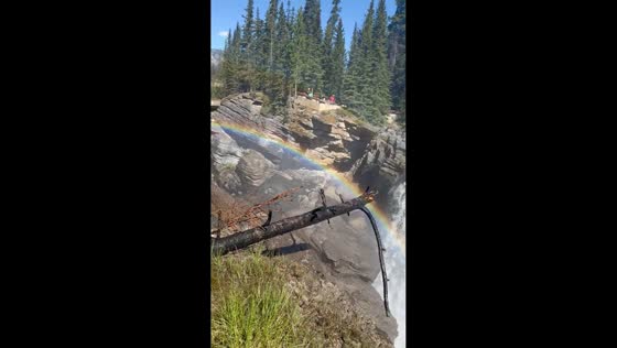 Double rainbow dances over Athabasca Falls in Jasper, Alberta, Canada