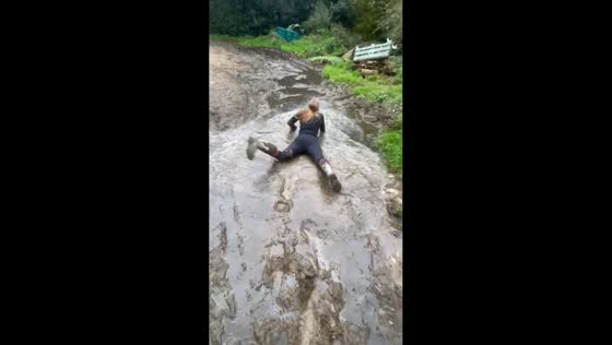 Girl falls into watery mud in La Croixille, France
