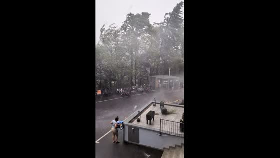 Woman battles powerful storm winds in Erlangen, Germany