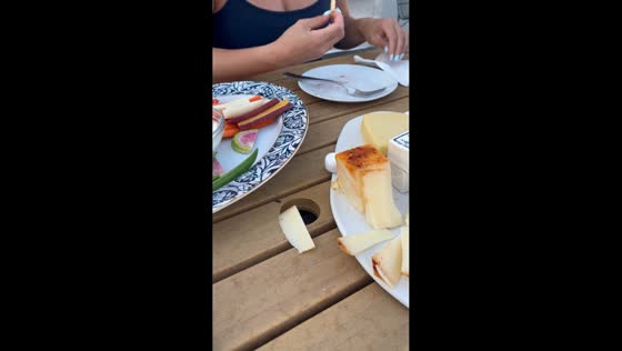Dog reaches for cheese through table hole in Washington, D.C., USA