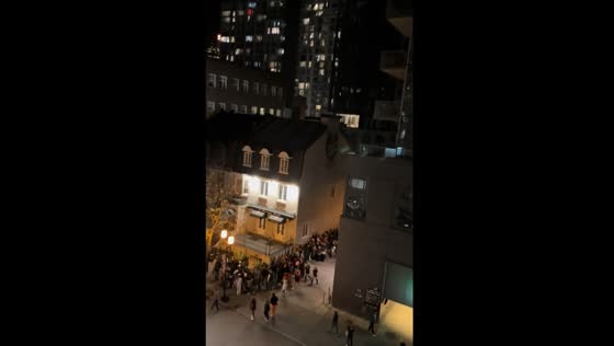 Person calls out "today we steal the moon" to crowd outside Montreal hotel