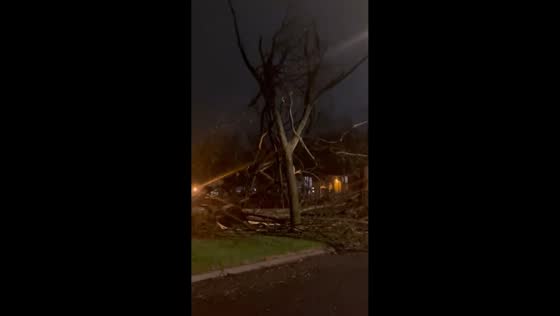 Storm damage with overturned equipment after overnight tornado in Ann Arbor, Michigan, USA