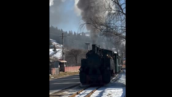 Narrow-gauge steam train passes through Moldovița, Romania