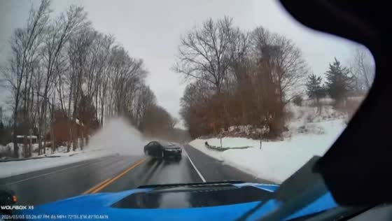 Out-of-control car crashes into a vehicle on slippery road in Middletown, Connecticut, USA