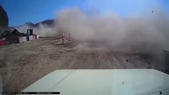 Dump truck crashes after hitting trench on Kholmsky Pass in Sakhalin, Russia