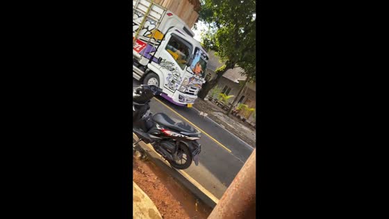 Puppy rescued from canal narrowly avoids passing truck in Bandung, West Java, Indonesia