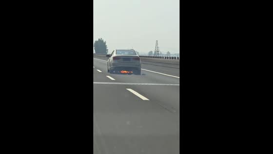 Driver warns motorist about burning car on highway in Hebei, China