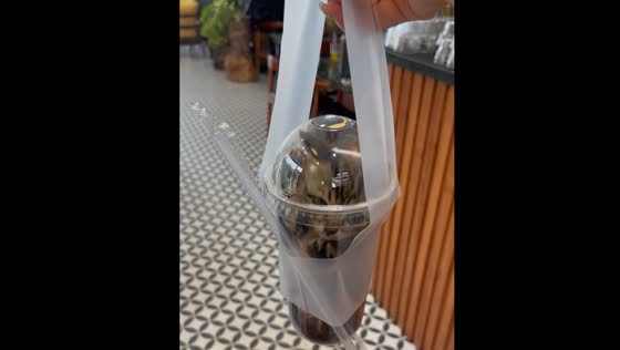 Cat sits inside transparent cup with lid in Vietnam