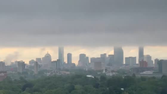 Gray clouds cover skyline in Cambridge, Boston, USA