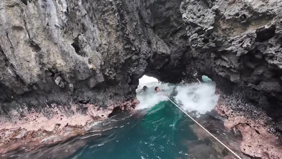 Strong wave causes tense moment at Secret Beach in El Nido, Palawan, Philippines