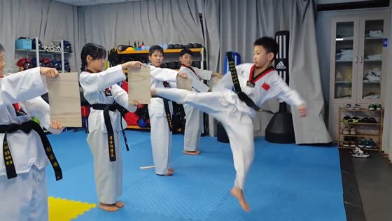 Primary school students practice Taekwondo in Tianjin, China