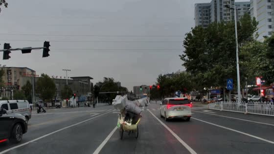 Driver narrowly avoids collision with elderly woman pushing loaded cart in Hubei, China