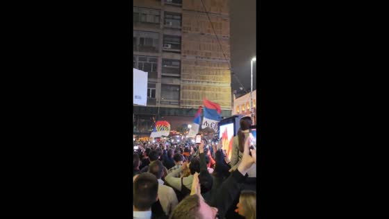 Serbian marchers from Valjevo welcomed by crowds upon arriving in Belgrade, Serbia