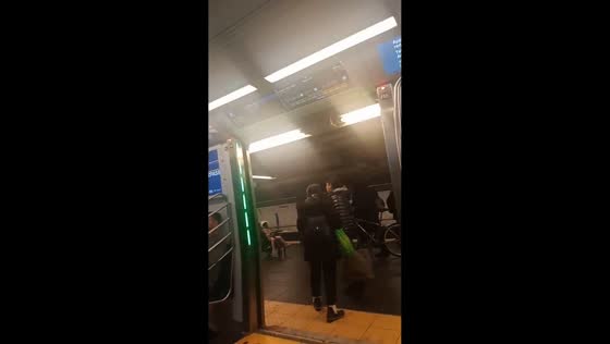 Transit train stops during rush hour in New York, USA
