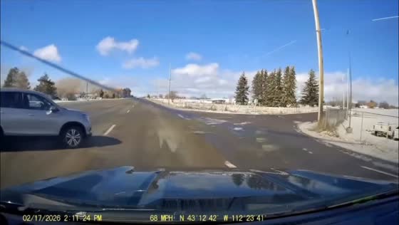Vehicle crosses multiple lanes before collision in Blackfoot, Idaho, USA