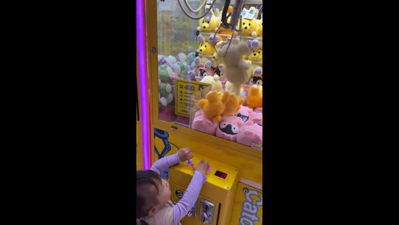 Girl skillfully catches plush dog in claw machine in Shanghai, China