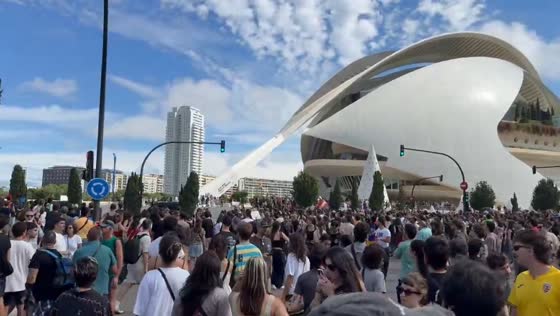Housing crisis protesters fill streets near Palau de les Arts in Valencia, Spain