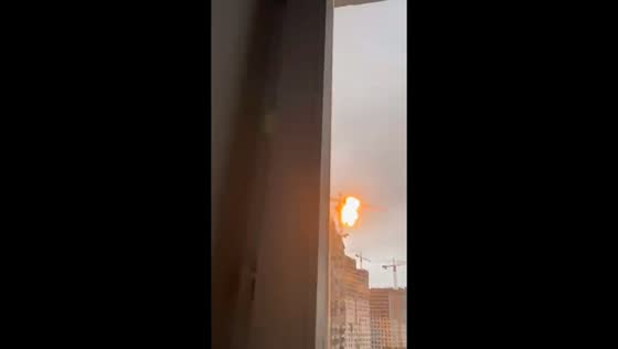 Drone crashes into construction crane at high-rise site in Kotelniki, Moscow Region, Russia