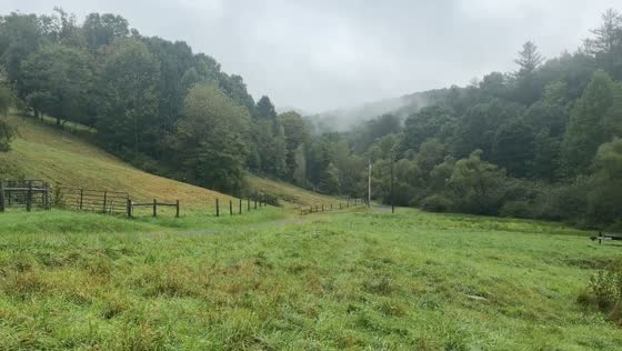 Rain and low fog create a misty morning in Dawson, West Virginia, USA
